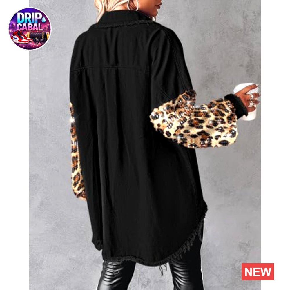 Oversized Denim Shacket Sequin Patchwork Long Sle… - image 2